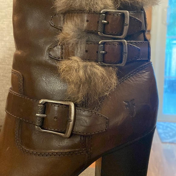 Frye Penny Brown Leather Luxe Moto Short Heeled Booties Real Rabbit Fur Size 9 - Picture 2 of 8